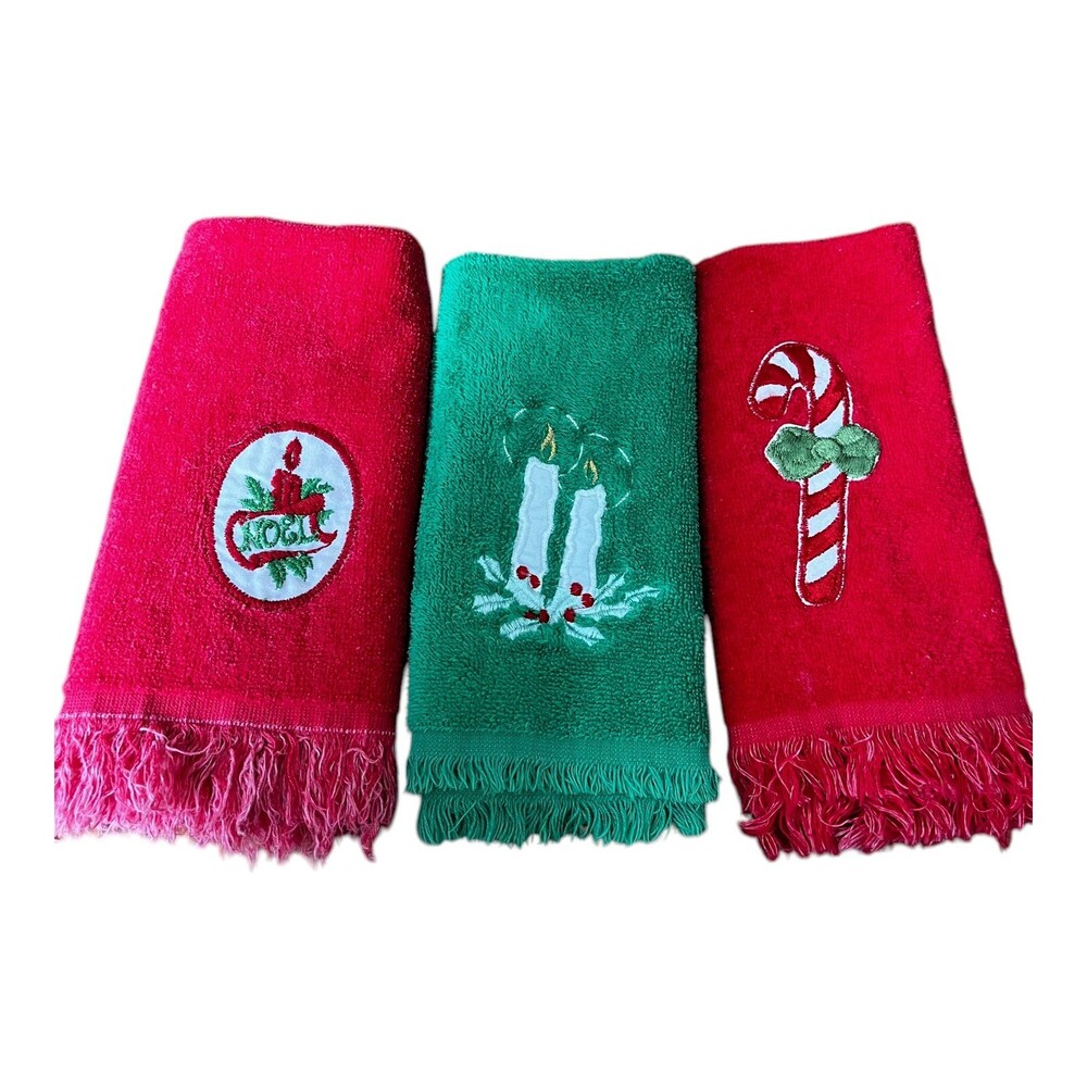 Lot Of 3 VTG Martex Cannon Xmas Red Green Fingertip Bathroom Cotton Hand Towels
